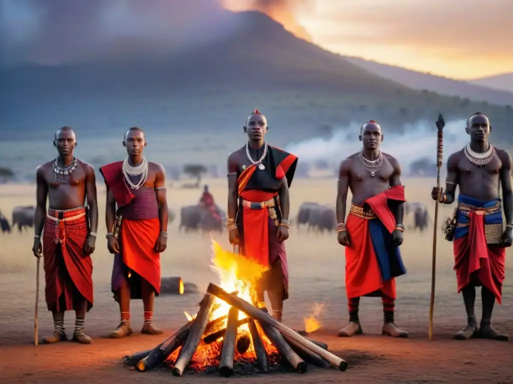 Ceremonia africana con guerreros Maasai alrededor de hoguera, simbolizando significado y simbolismo del fuego en rituales