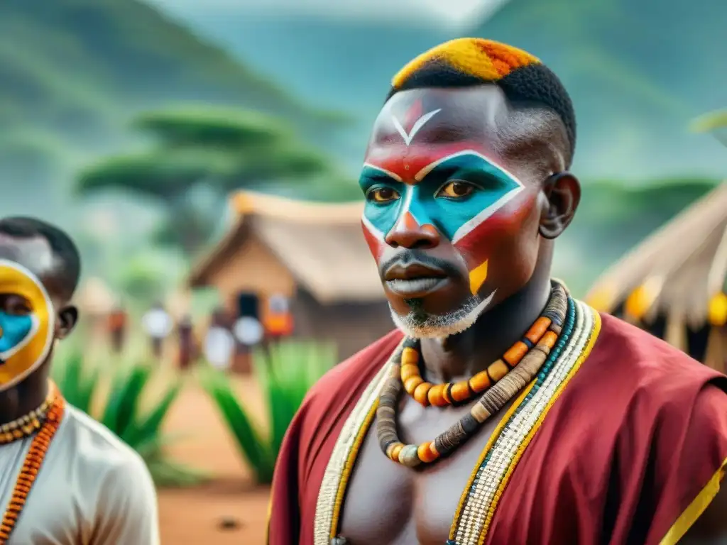 Ceremonia de iniciación africana con rituales simbólicos, ancianos y jóvenes en atuendos tradicionales