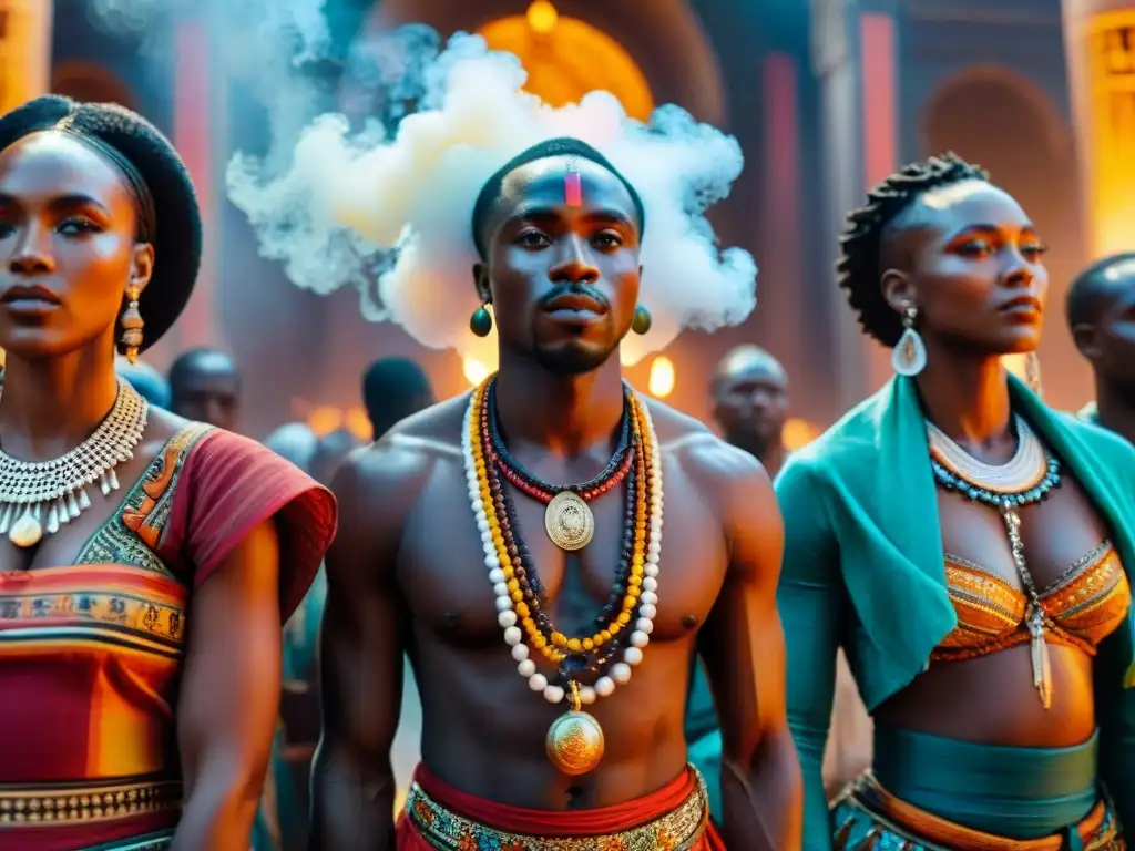 Una ceremonia africana con sincretismo en civilizaciones africanas, personas coloridas, velas y humo de incienso en un templo