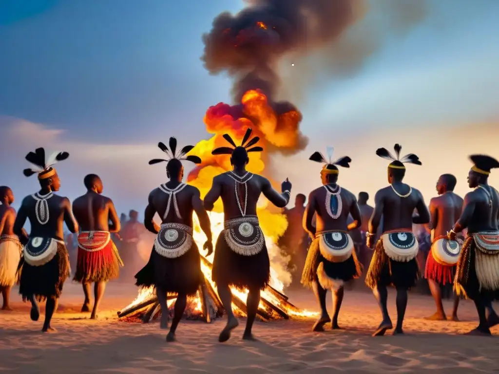 Una ceremonia ancestral africana con danza alrededor de la fogata bajo el cielo nocturno