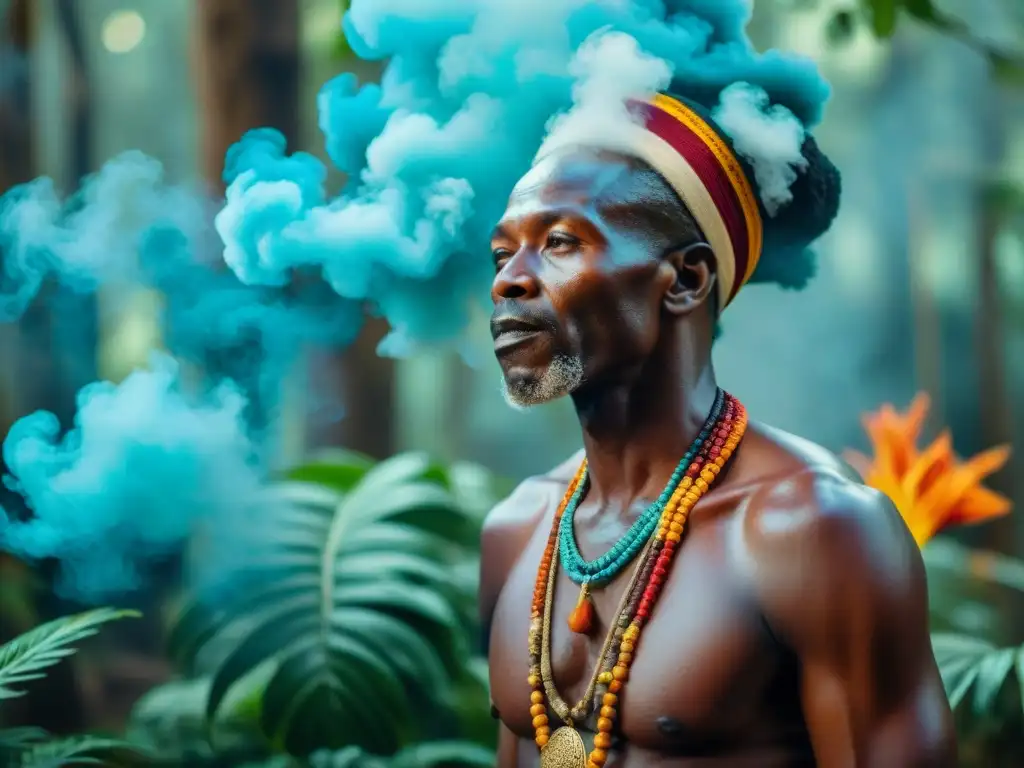 Una ceremonia ancestral de entidades espirituales en África se desarrolla en un bosque exuberante y vibrante