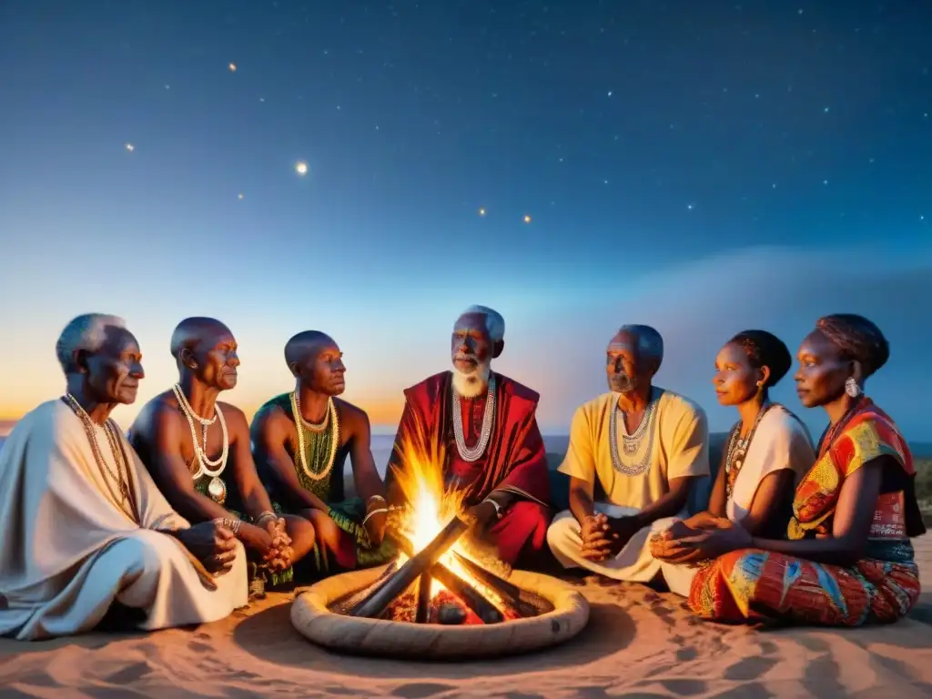 Ceremonia ancestral alrededor del fuego: ancianos en atuendos africanos realizan prácticas espirituales en África ancestral