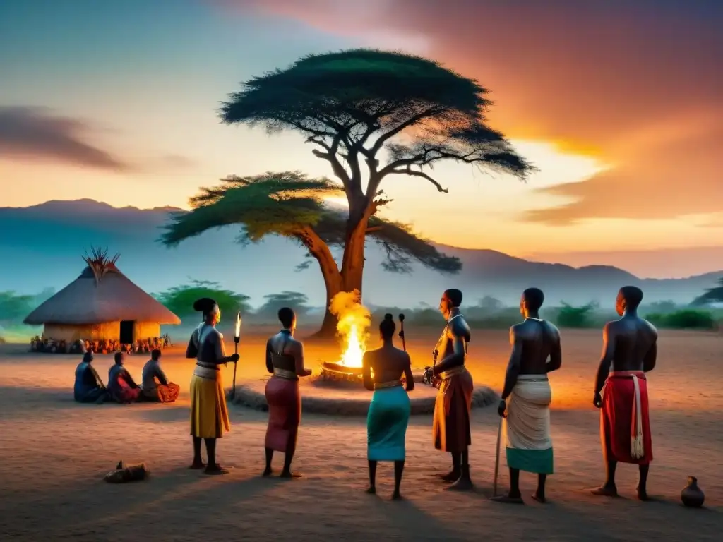 Ceremonia ancestral en África: ritual al atardecer con danzas, máscaras tribales y prácticas religiosas antiguas