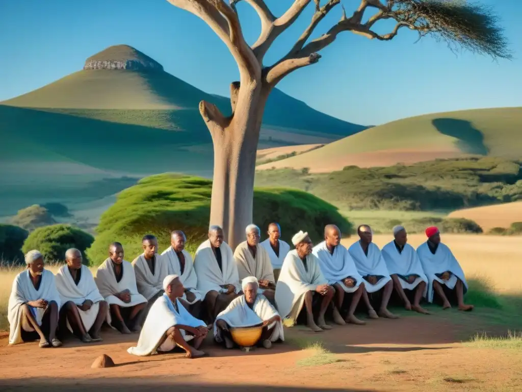 Ceremonia de iniciación Xhosa con anciano y jóvenes en tradicional atuendo bajo un árbol en África del Sur