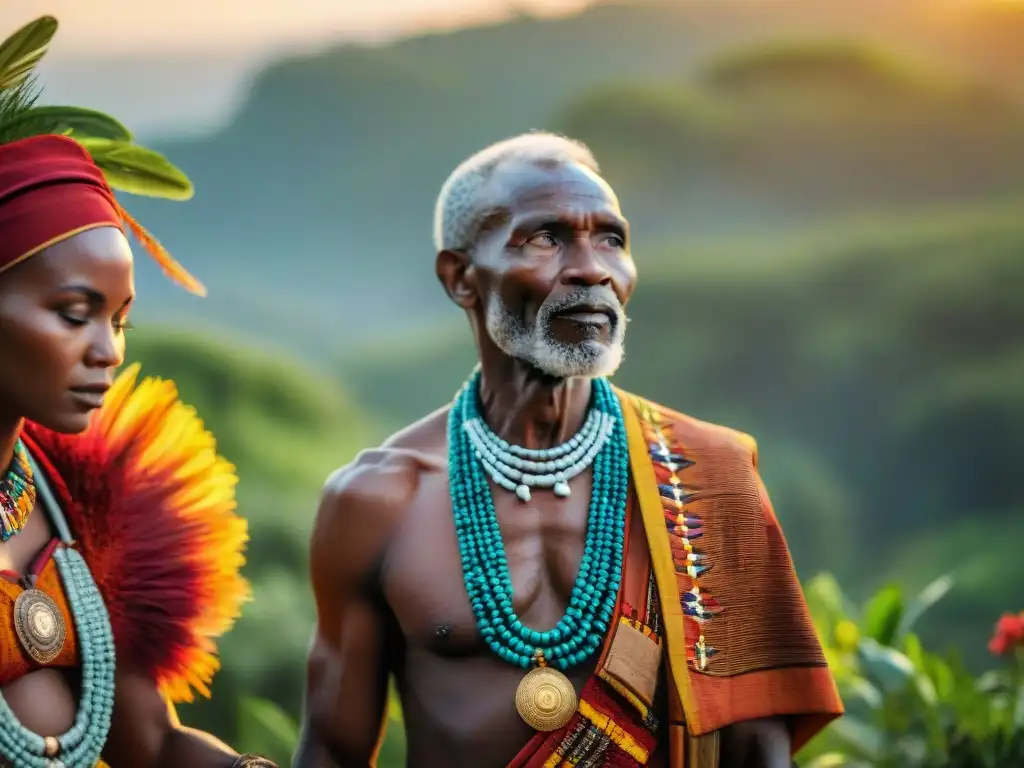 Ceremonia de ancianos africanos al atardecer, con vestimenta tradicional y joyería, en medio de exuberante vegetación