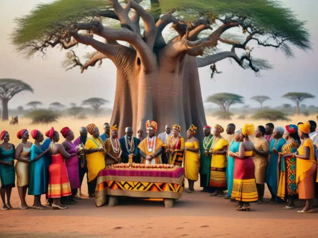 Una ceremonia de boda tradicional africana bajo un baobab con la novia en Kente y el novio, rodeados de ancianos y danzas al ritmo de tambores