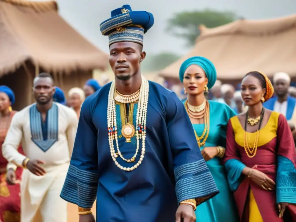 Una ceremonia de boda tradicional fulani en Mali, con la novia vestida de índigo y joyas doradas, rodeada de danzantes coloridos en un pueblo africano