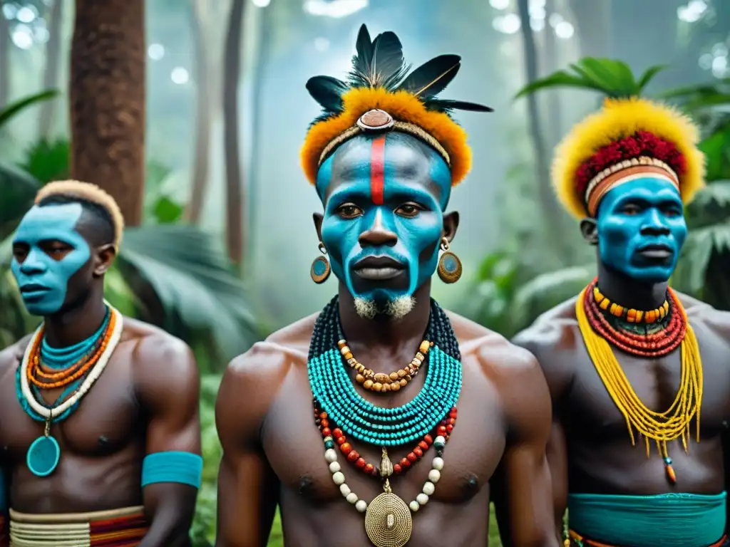 Ceremonia de chamanes africanos en el bosque: vestimenta tradicional, expresiones serias y conexión espiritual