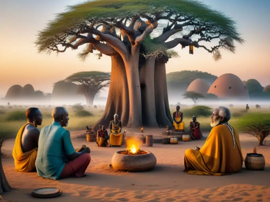 Ceremonia de creencias vida después muerte en África: ancianos vestidos tradicionalmente bajo baobab al atardecer