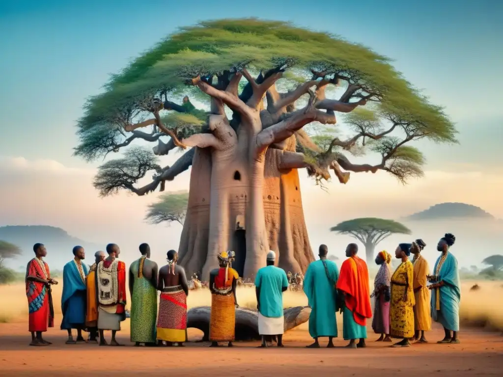 Ceremonia de curación con medicina tradicional en civilizaciones africanas bajo un baobab centenario