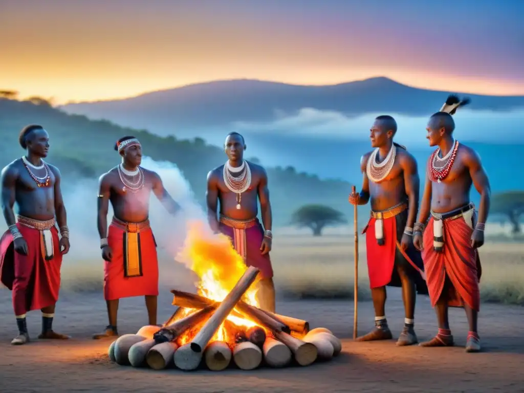 Ceremonia de danza de guerreros Maasai bajo el cielo estrellado de África, ritualizando religión y rituales en África