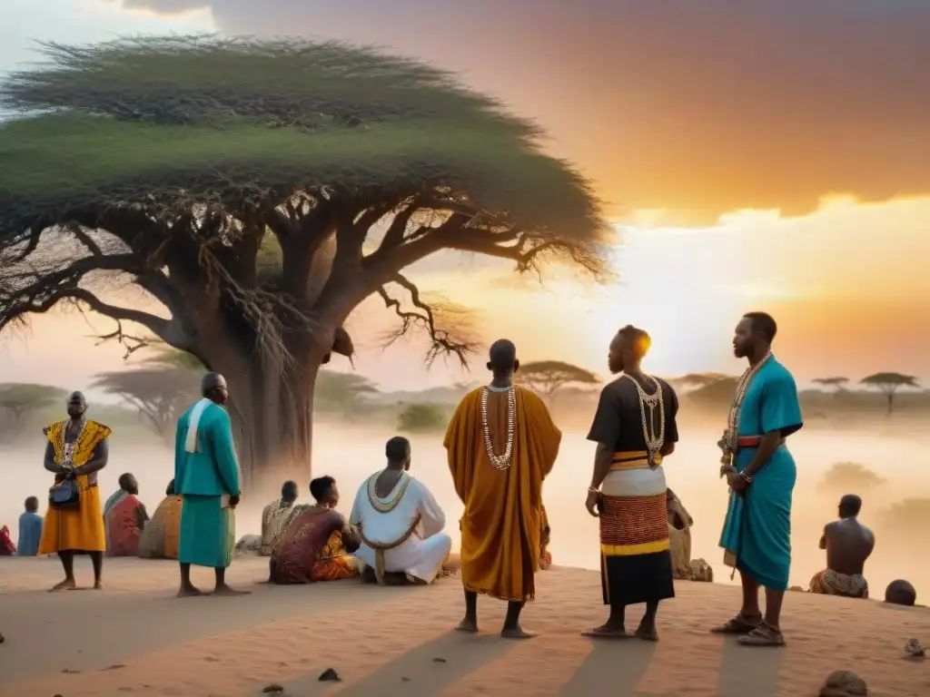 Ceremonia de entierro africana al atardecer, con personas en atuendos tradicionales