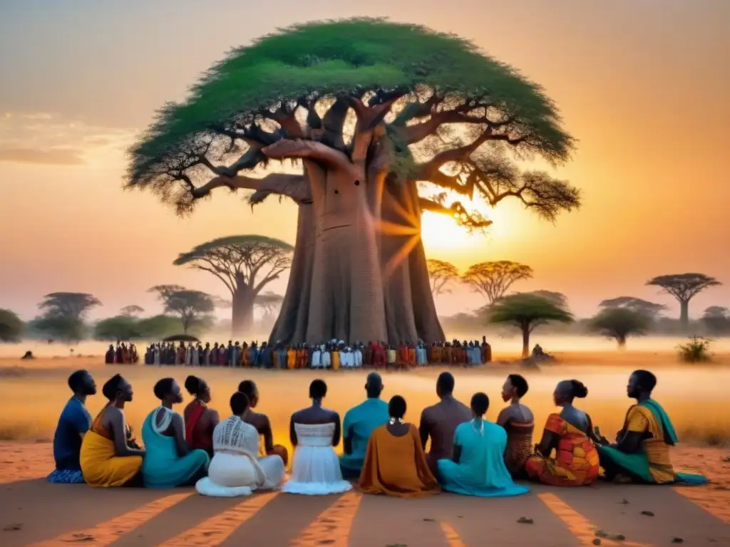 Una ceremonia espiritual africana bajo el árbol baobab, con personas de diferentes países, unidas en prácticas colectivas