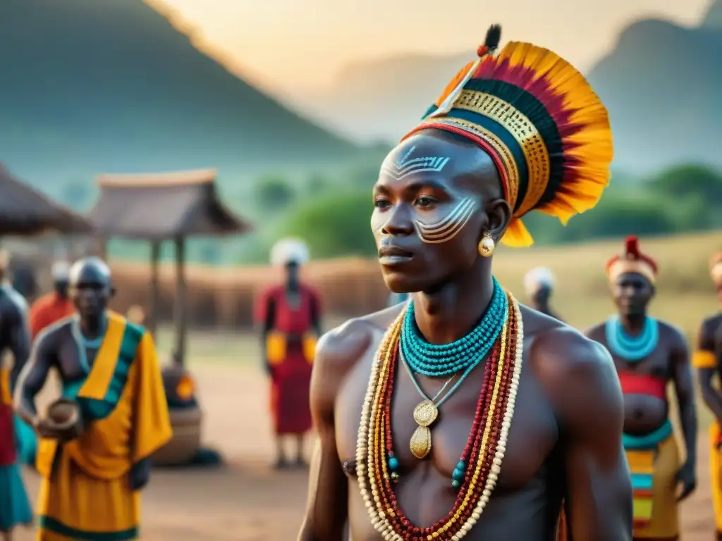 Ritual espiritual africano al atardecer: tradición y colorido Ceremonia espiritual africana al atardecer en un pueblo remoto, mostrando impacto de la colonización en prácticas religiosas africanas