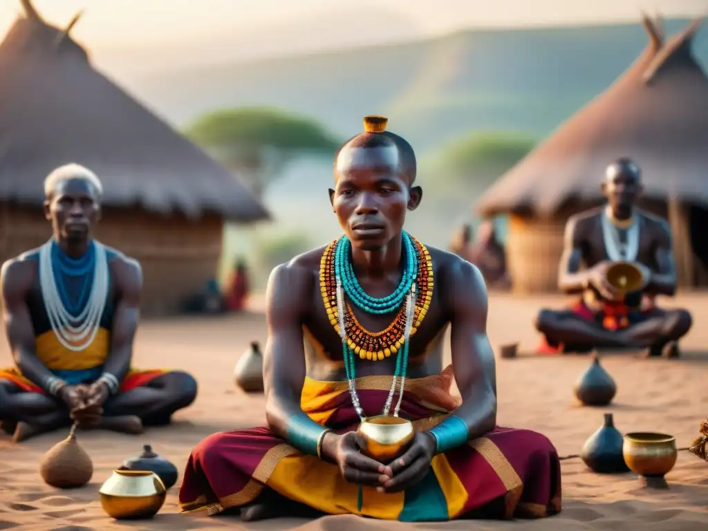 Una ceremonia espiritual africana al atardecer en una aldea remota, con ancianos, máscaras tribales y música