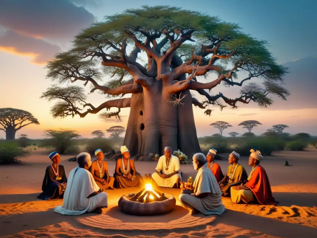 Ceremonia espiritual africana bajo baobab al atardecer