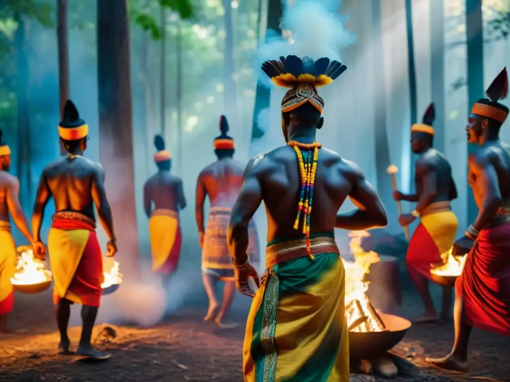 Una ceremonia espiritual africana contemporánea alrededor de un fuego sagrado en la selva