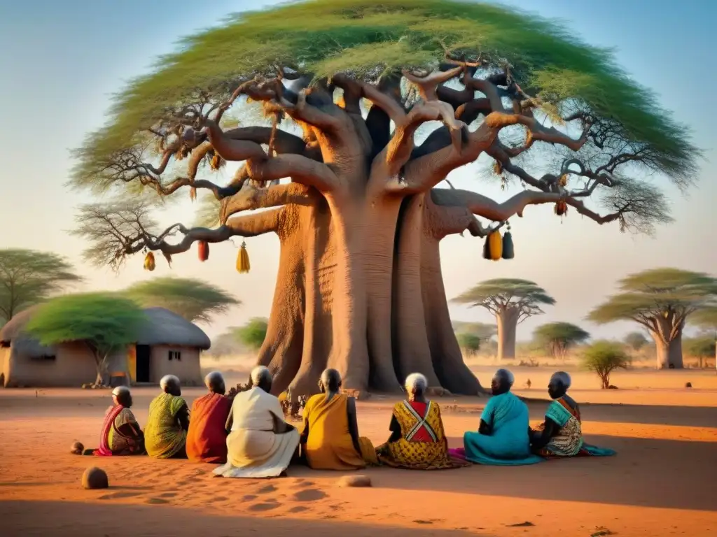 Ceremonia espiritual de ancianos africanos bajo Baobab, preservando la espiritualidad de civilizaciones africanas