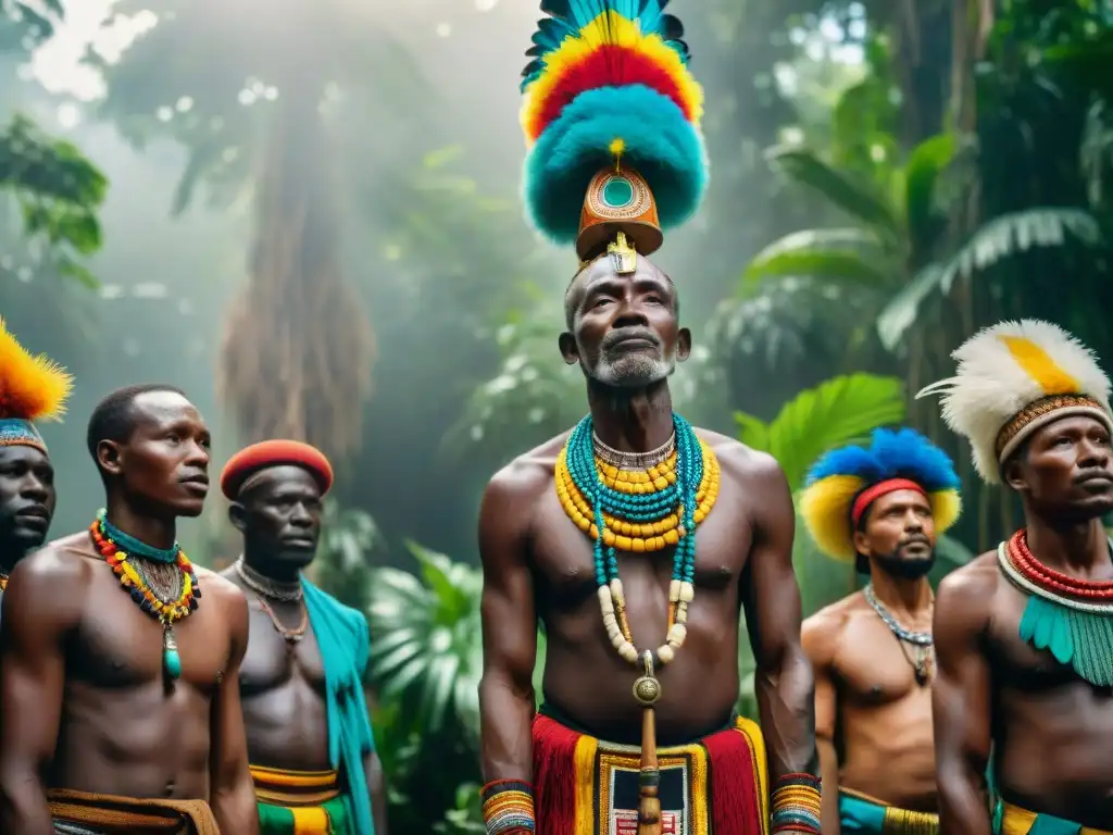 Ceremonia espiritual de ancianos en África Central con un totem tallado y adornado