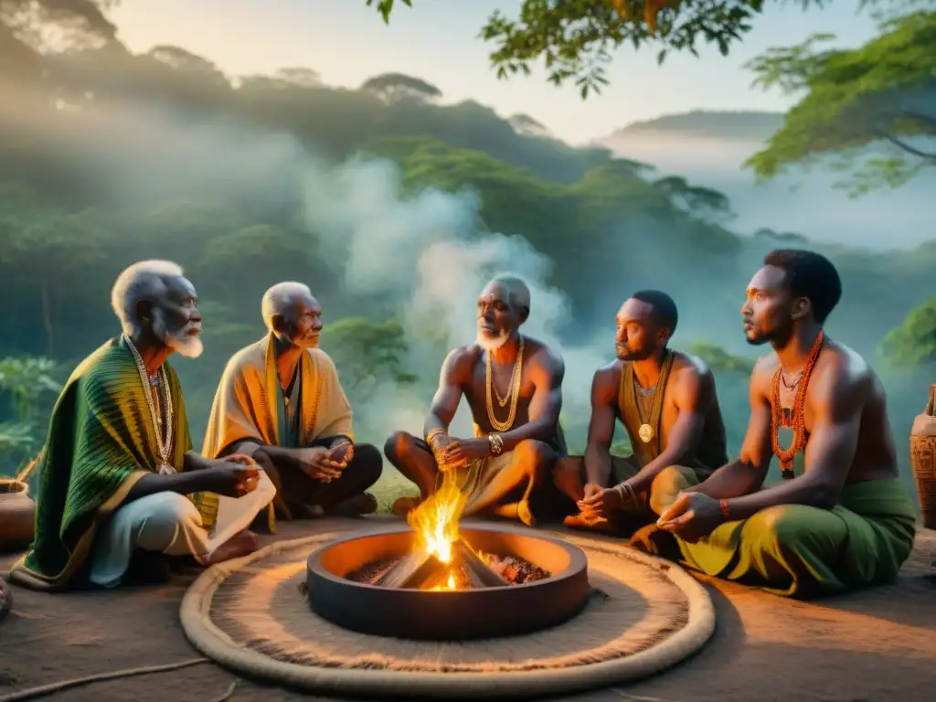 Ceremonia espiritual al amanecer en el bosque africano: ancianos en rituales con ropa vibrante y símbolos