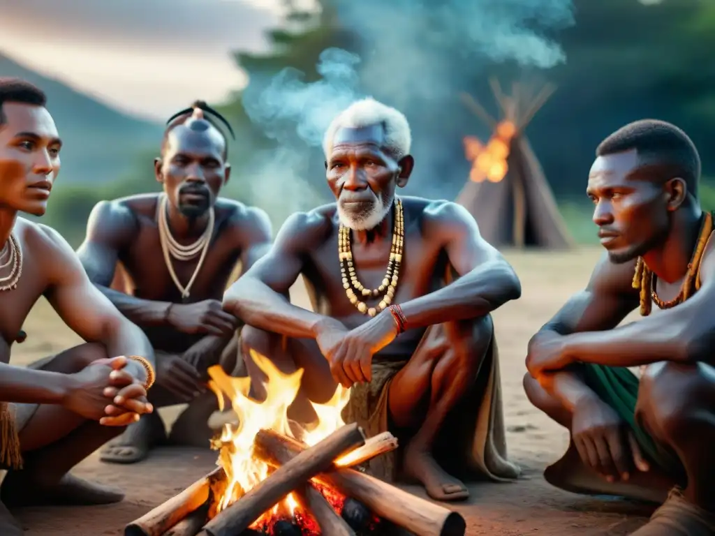 Ceremonia alrededor del fuego: ancianos africanos transmiten sabiduría a jóvenes guerreros en entrenamiento