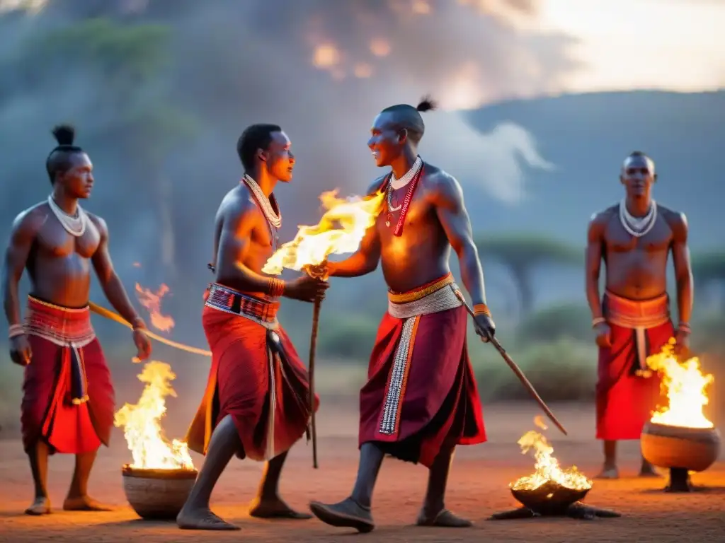 Ceremonia de fuego en rituales africanos con guerreros Maasai en danza ritual al atardecer