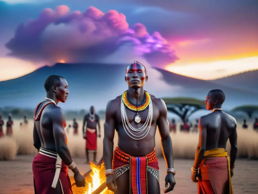 Ceremonia de guerreros Maasai danzando alrededor de una fogata bajo el cielo estrellado de África