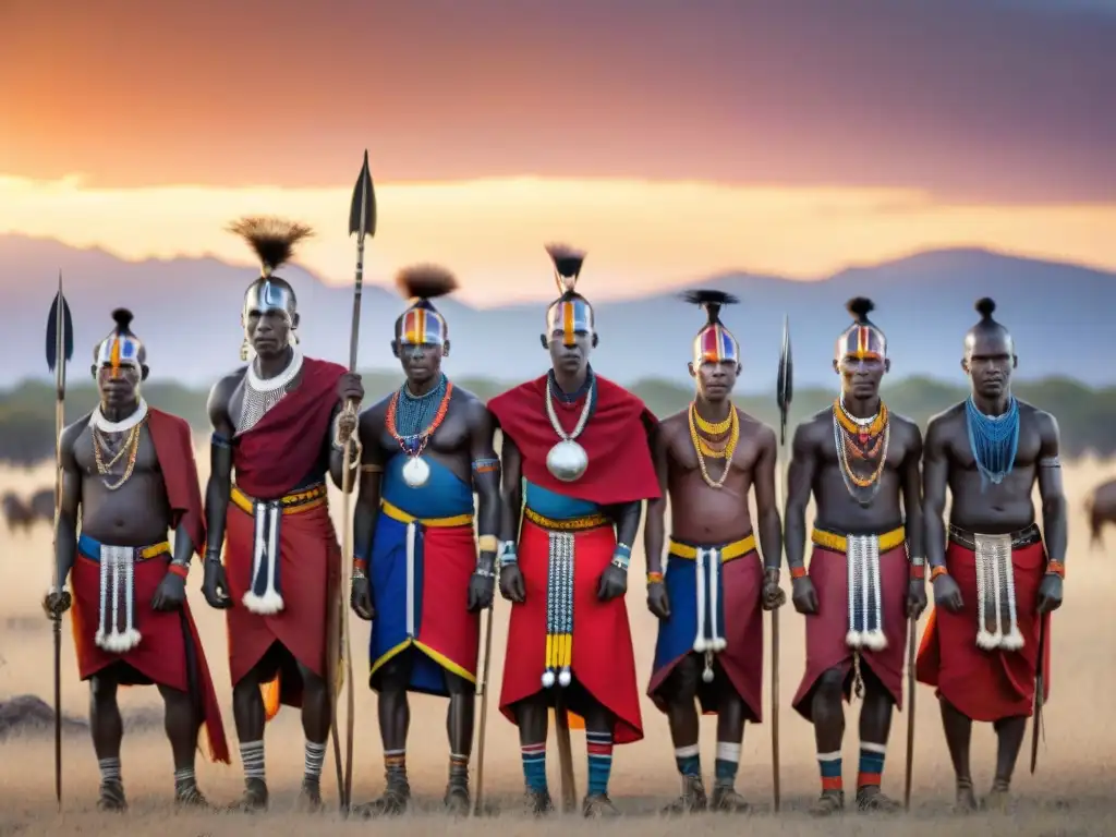 Ceremonia de guerreros Maasai en la sabana africana al atardecer