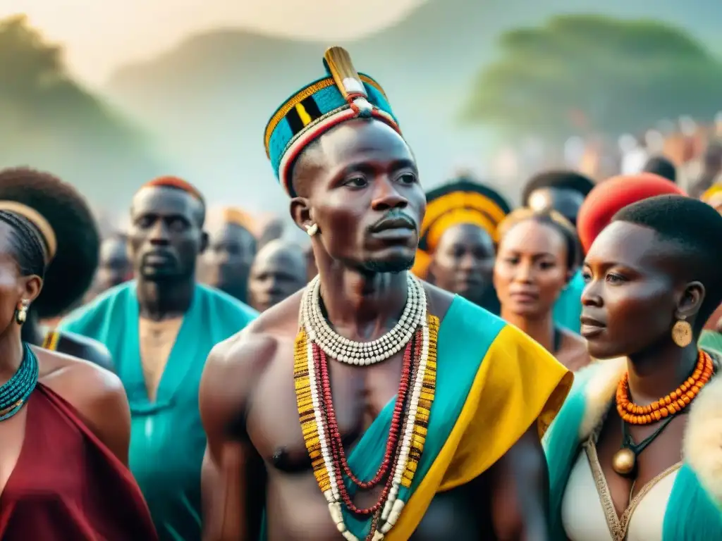 Ceremonia de coronación en África: un jefe tribal es coronado en una colorida y elaborada celebración, rodeado de la comunidad