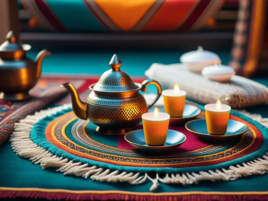 Una ceremonia del té en África: juego de té marroquí sobre una alfombra vibrante en una sala tradicional llena de colores y detalles