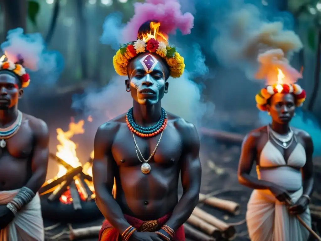 Ceremonia nocturna de vudú africano alrededor de fuego sagrado