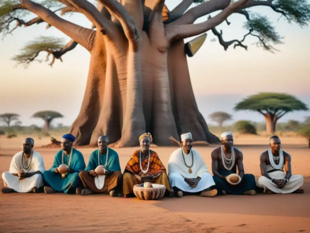 Ceremonia de nombres africanos bajo baobab al atardecer