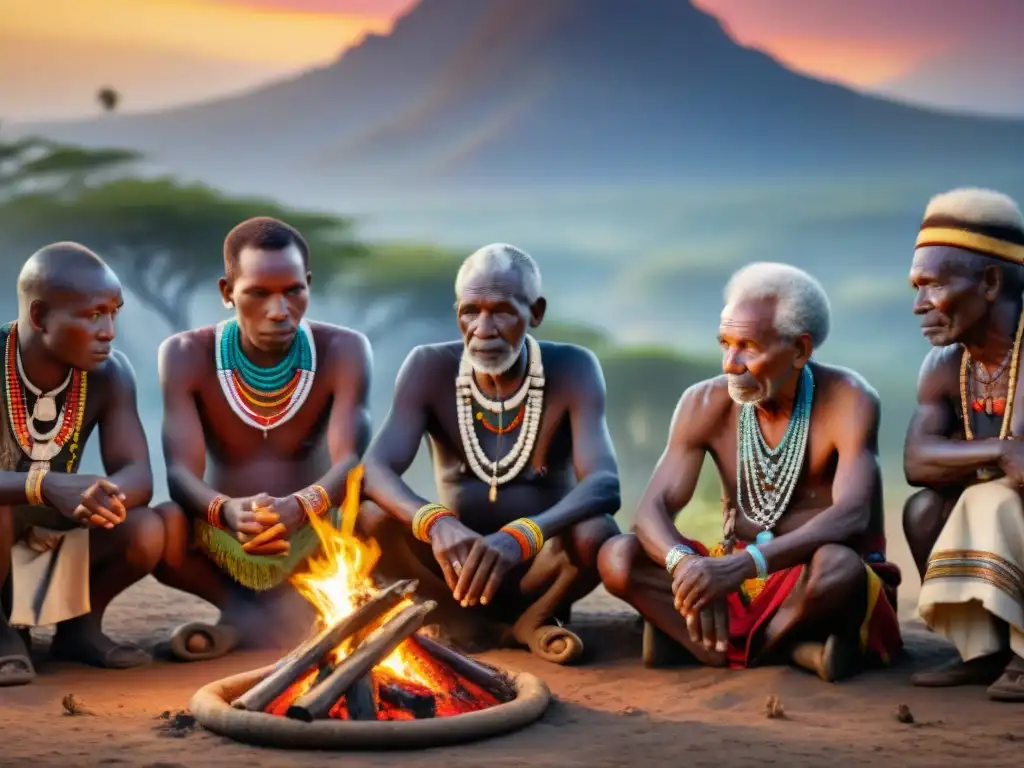 Ceremonia de transición del poder en civilizaciones africanas: Ancianos tribales reunidos alrededor del fuego sagrado al atardecer