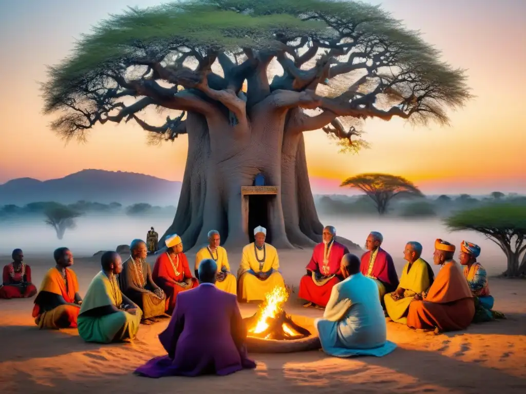 Ceremonia espiritual de ancianos africanos junto al fuego sagrado Ceremonia religiosa africana con ancianos alrededor del fuego, resistiendo impacto de colonización en prácticas religiosas
