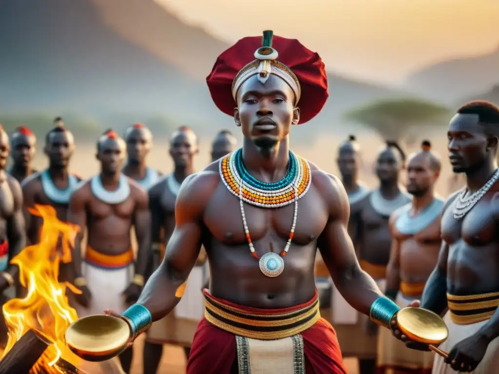 Ceremonia religiosa africana al atardecer: adoradores danzando alrededor del fuego sagrado, con tambores y vestimenta tradicional