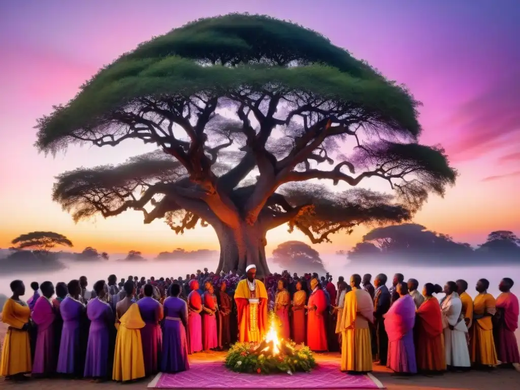 Ceremonia religiosa africana al atardecer con colores vibrantes y significado en prácticas religiosas africanas