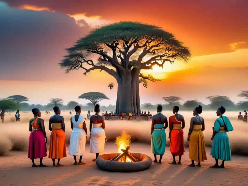 Ceremonia religiosa africana al atardecer con danza alrededor del fuego, baobab sagrado