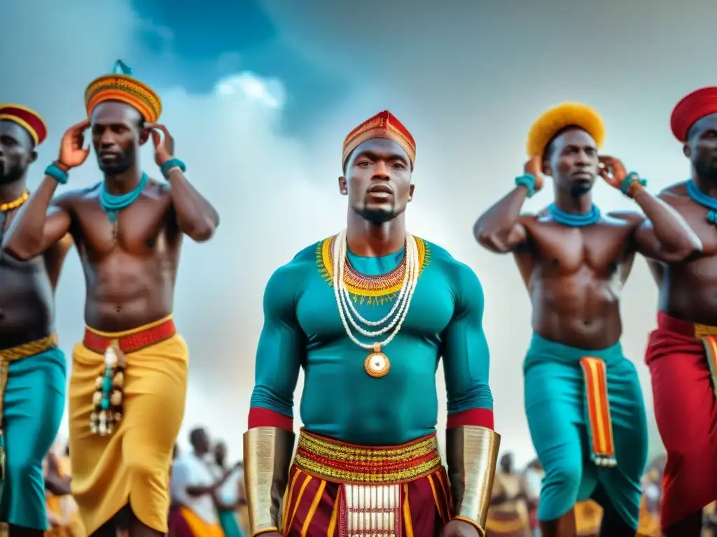 Ceremonia religiosa africana con danza, tambores y vestimenta colorida