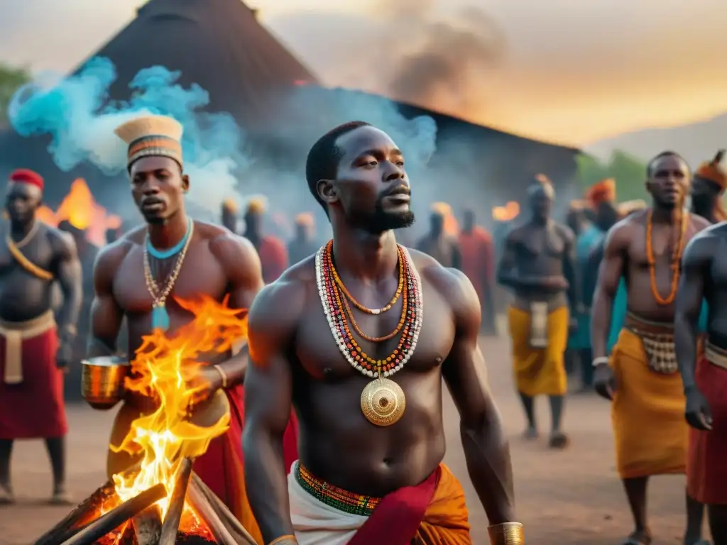 Una ceremonia religiosa africana llena de color y vibrante al atardecer, con danzas y cantos alrededor de una fogata central