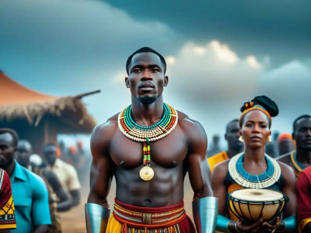 Rituales ancestrales africanos: expresiones y colorido Ceremonia religiosa africana previa a colonización, con danzas, tambores y gestos simbólicos que reflejan identidad cultural y conexión ancestral