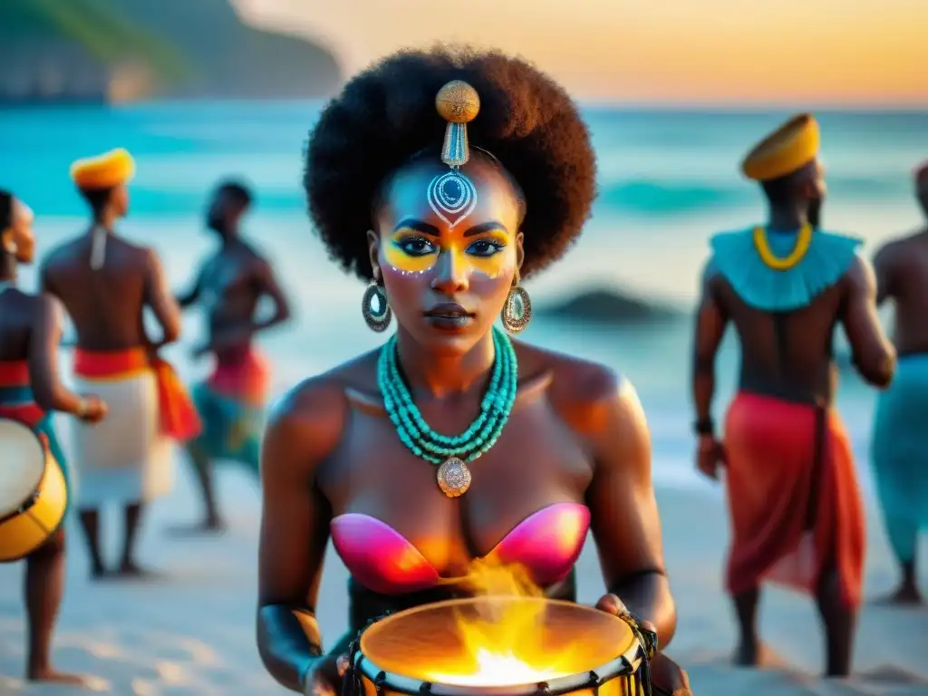 Ceremonia religiosa afrocaribeña al atardecer en la playa con sincretismo religioso Caribe influencia africana