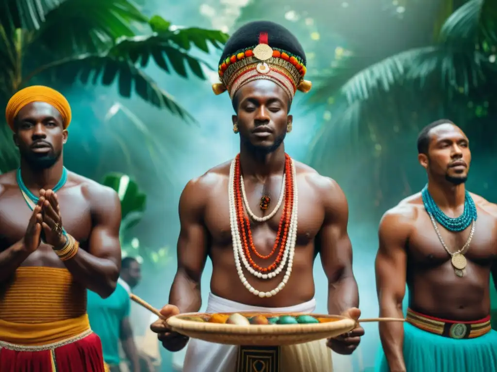 Una ceremonia religiosa AfroCaribeña vibrante, con influencia religión africana cristiana, llena de ritmo, danza y coloridas ofrendas