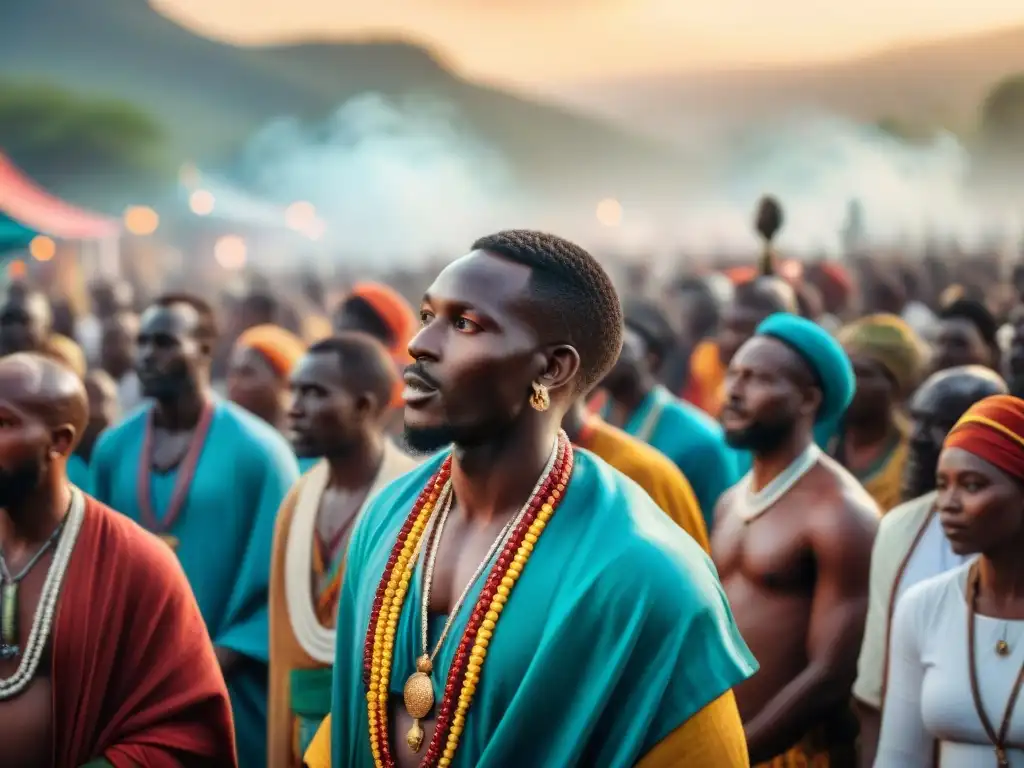 Ceremonia religiosa en un bullicioso mercado africano, líder espiritual y seguidores en danzas rituales