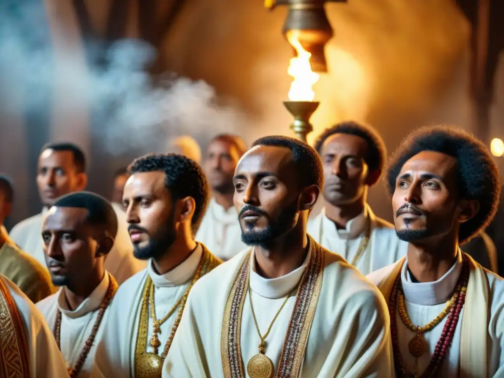 Ceremonia religiosa en iglesia de piedra iluminada con sacerdotes ortodoxos etíopes cantando himnos en Ge'ez