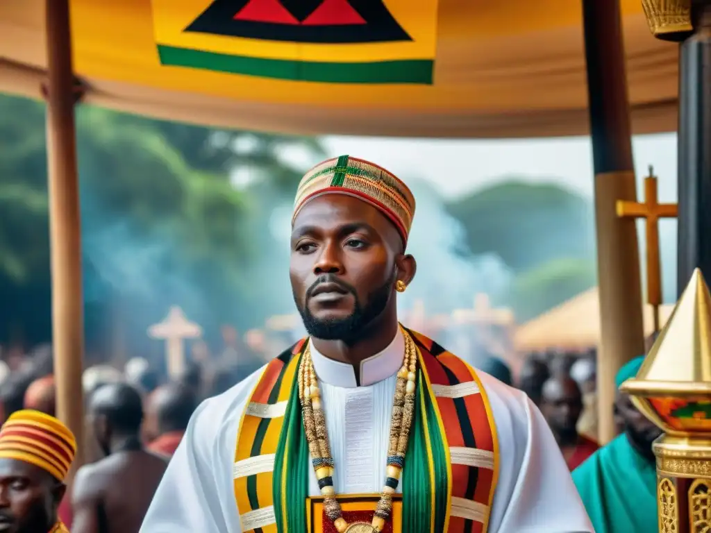 Ceremonia religiosa en Ghana con sincretismo religioso en la vestimenta del sacerdote Ashanti