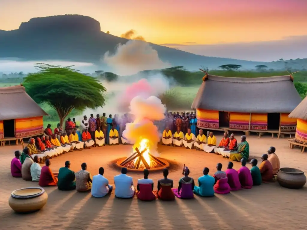 Una ceremonia religiosa tradicional africana llena de color y vibrante en un pueblo rural al atardecer