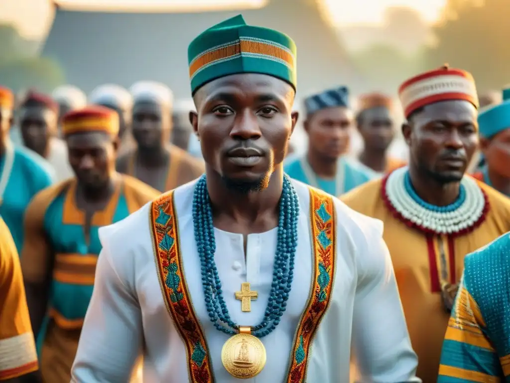 Ceremonia religiosa Yoruba en Nigeria con danzas y atuendos vibrantes al atardecer
