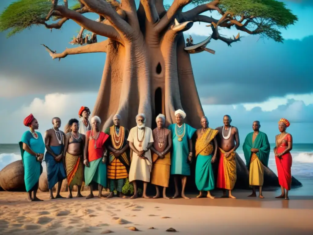 Ceremonia de resistencia de ancianos Swahili en la costa africana ante la colonización, bajo un baobab