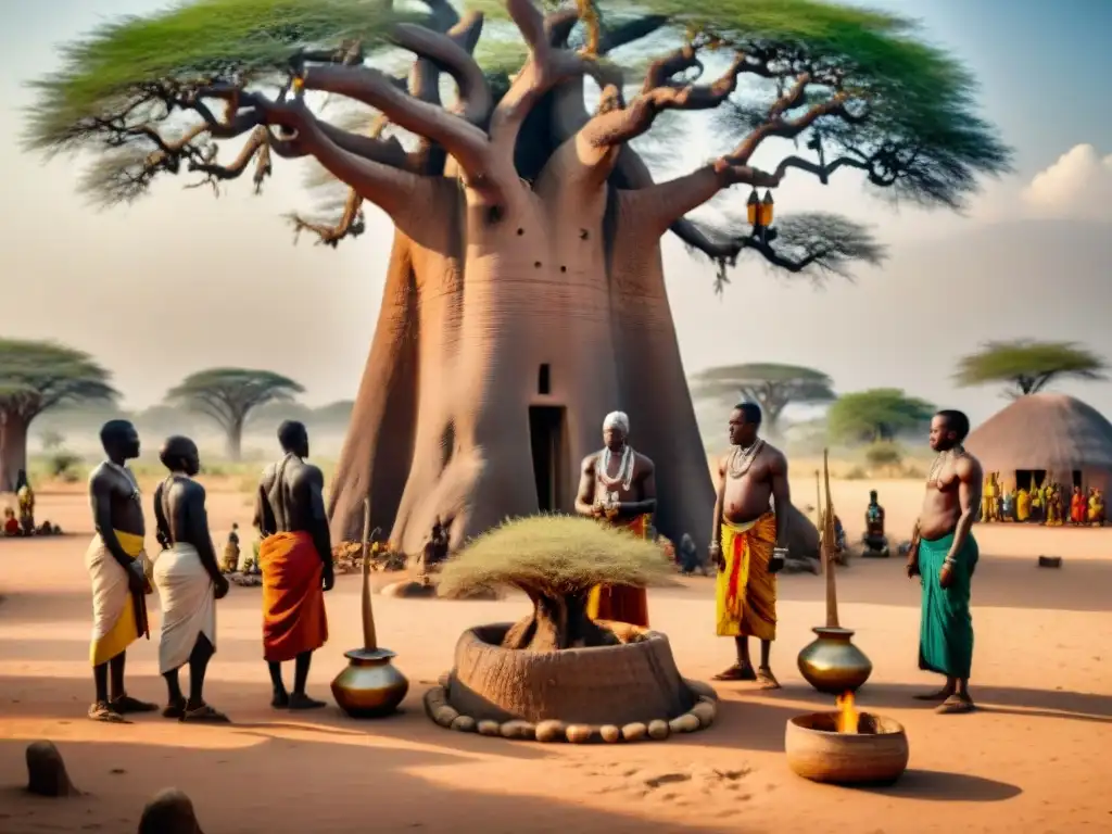 Ceremonia sagrada de ancianos africanos bajo baobab: luz filtrada, libaciones y oraciones