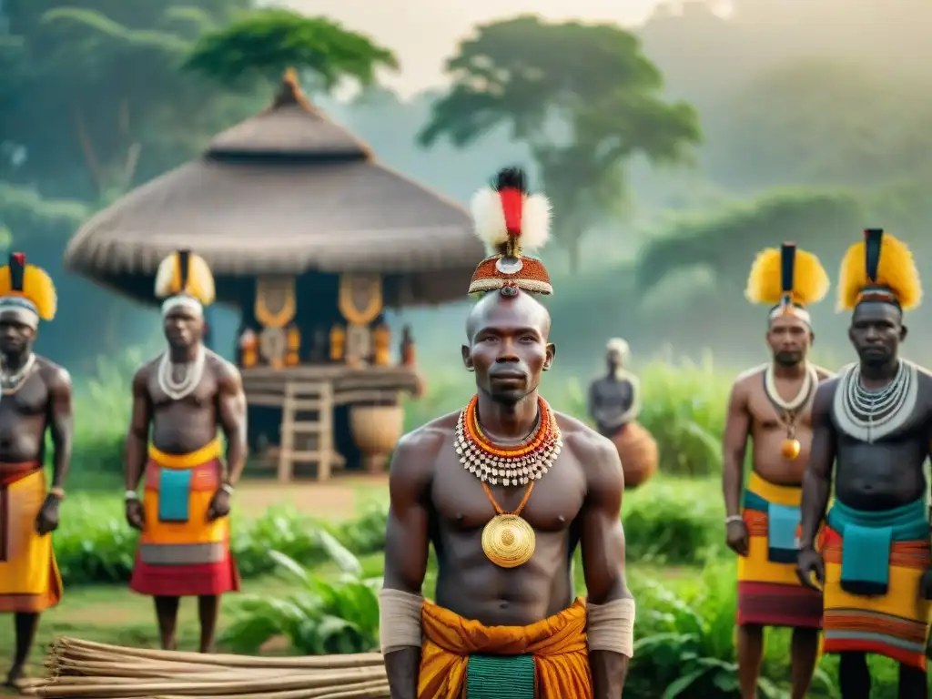 Ceremonia sagrada de ancianos en aldea africana con totem tallado y creencias religiosas en África Central